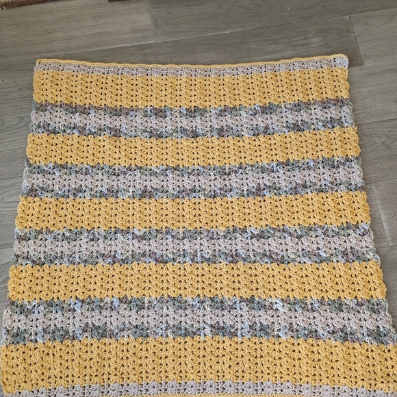 Handmade Crochet Blanket Lapghan Mustard Yellow Earth Tone Stripe Throw 36 X 34 - Picture 3 of 12